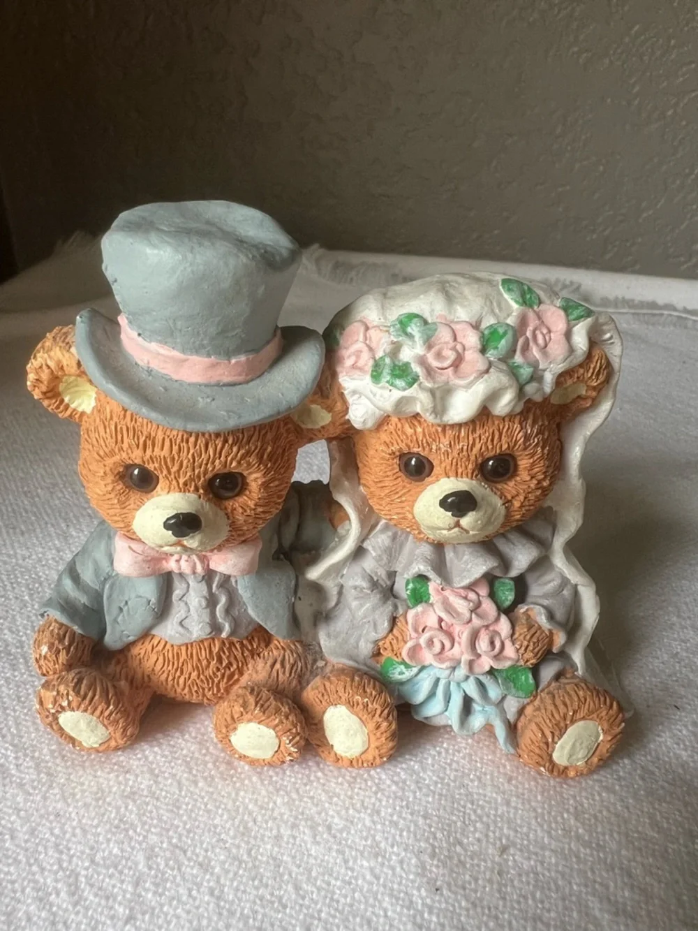 Wedding Bear Cake Topper Pair in Pastel Pink and Gray